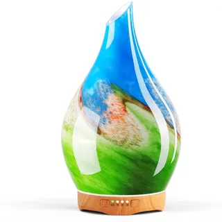 Porseme Aroma Diffuser 280ml,Handgeblasen Glas Luftbefeuchter, Ultraschall Aromatherapie Öle Diffusor mit 7 farbigem LED Licht, Diffuser für Ätherische Öle mit Timer BPA Frei für Wohnung (Blue Grass)