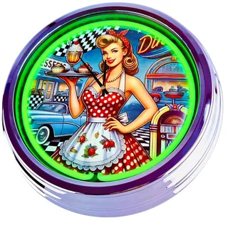 US-Way.de American Diner Nr.6 WallClock Deko-Clock – 44 cm Durchmesser, Deko-Wanduhr ohne Tickgeräusche und gut lesbares Display, USA 50er-Jahre-Stil Neon-Uhr für Küche, Wohnzimmer, Büro (Grün)