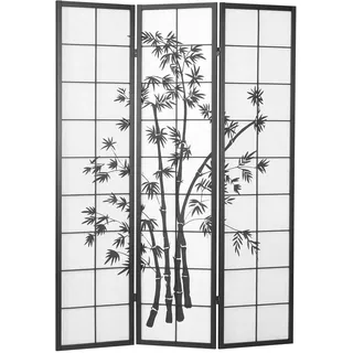 Homestyle4u 285, Paravent Raumteiler 3 teilig, Holz Schwarz, Reispapier Weiß Motiv Bambus, Höhe 179 cm