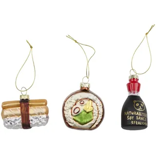 Arti Casa Weihnachtsornament Sushi - Set aus 3 Christbaumkugeln aus Glas - Sushi, Sushirolle und Sojasauce - Originelle und lustige Weihnachtsdeko für einen modernen Weihnachtsbaum - Mehrfarbig