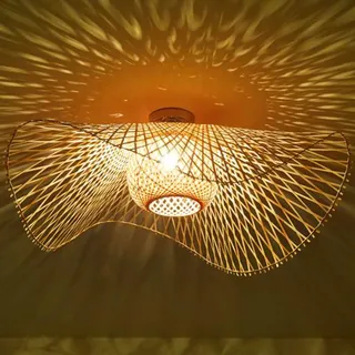 Natürliche Bambus Rattan Deckenlampe Retro E27 Deckenleuchte Vintage Handgewebte Lampenschirm Esszimmer Schlafzimmer Wohnzimmer Deckenbeleuchtung Küche Korridor Kronleuchter Büro Deckenlicht,65cm