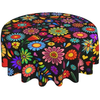 Bunte mexikanische Blumen-Tischdecke, runde Tischdecke, waschbare Tischdecke für Küche, Party, Picknick, Esszimmer, Dekoration, 152,4 cm