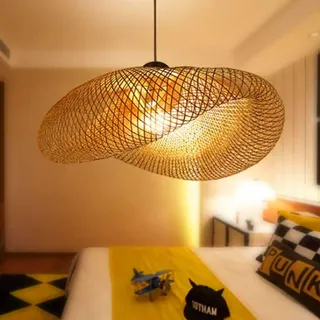 FUMIMID Retro Hängelampe Bambus Pendelleuchte E27 Holz Deckenleuchte Handgewebte Rattan Lampenschirm Runde Kronleuchter Wohnzimmer Schlafzimmer Büro Hängeleuchte Esstischlampe,80cm