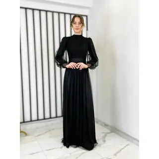 fashionshowcase Tüllkleid Damen Abendkleid Maxilänge Abaya-Stil - Modest Mode vollständig blickdicht & bedeckt schwarz 36(EU 34)
