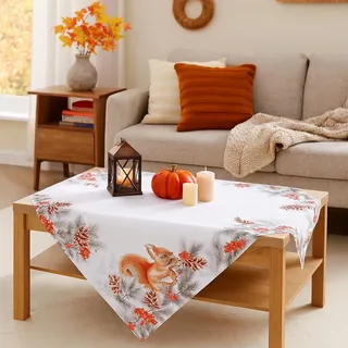 KAMACA Tischdecke 85x85 cm quadratisch hochwertige Tischwäsche mit Tannenzapfen pflegeleicht, strapazierfähig, maschinenwaschbar dekorative Herbst-Tischdeko (Eichhörnchen mit Nuss)