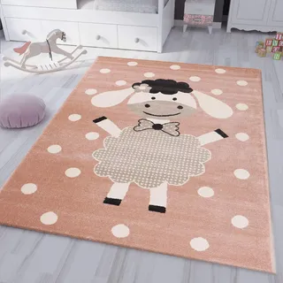 VIMODA kinderteppich kinderzimmer Flauschiger Baby Teppich Happy Schaefchen Kinder Jugendzimmer Rosa, Maße:Ø 120 cm Rund