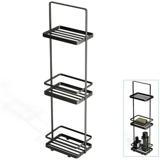 doporro Duschregal stehend Schwarz, schmales Badregal Metall, 3 Ablagen | Freistehendes Badezimmerregal, schmales Standregal, Duschablage ohne Bohren, Badablage für Bad, Dusche, WC&Nischen, Reglo-02