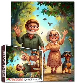 Old Man and Old Woman 1000 Piece Jigsaw Puzzles for Adults Couple Walking Painting Jigsaw Puzzle Cute Animal Dog 1000 Pieces Puzzles 20''x27 „inch DIY Craft Puzzle Art Wall Decor Family Challengings