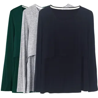 Smallshow Damen Stillshirt Langarm Umstandsshirt 3er Pack,Black/Grey/Deep Green,2XL - XXL