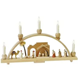 Richard Glässer Seiffen Schwibbogen Christi Geburt mit Krippe, Länge 48 cm, Natur, komplett elektrisch beleuchtet, original Erzgebirge