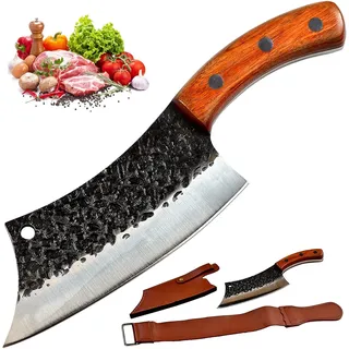 Serbische Küchenmesser (Hackmesser), Kochmesser mit Scheide und Abziehriemen, Metzgermesser für das Schneiden von Fleisch & Gemüse, Kochmesser, Hackmesser für zuhause, Camping & BBQ