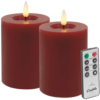 Candela LED Kerzen 2er Set H:10xØ7,5cm Winter rot glatt Echtwachs mit Fernbedienung Timer Funktion & mehrstufig dimmbar flammenlos Echtwachskerzen Stumpenkerze