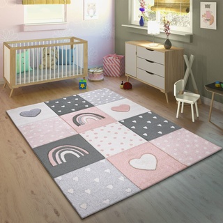 Paco Home Kinderteppich Kinderzimmer Teppich Kurzflor Junge Mädchen Regenbogen Herz Punkte Rosa Weiß Grau, Grösse:120x170 cm