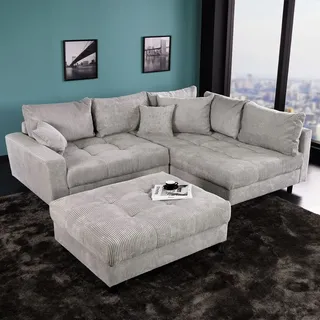 riess-ambiente Ecksofa KENT 220cm hellgrau Cord Couch inklusive Hocker L-Form Wohnzimmer Wohnlandschaft Eckcouch Couch Sofa - Grau