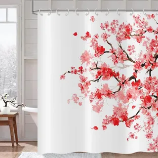 Omgoods – Duschvorhang, Kirschblütenmuster, 180 x 200 cm - Rot