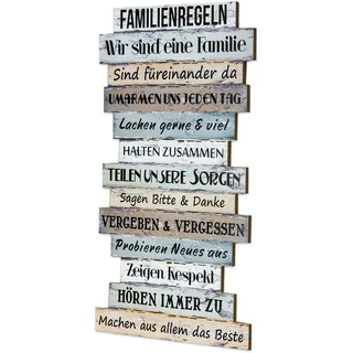 Holzschild Holzbild Wandbild mit Familienregeln im Shabby Chic Stil zum Aufhängen - bunt Familie Regeln Schild Holz Latten Dekoschild Wanddeko Bild Vintage Family