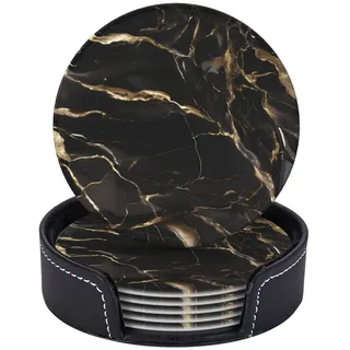 Untersetzer aus Marmor-Leder, rund, für Zuhause und Küche, 9,9 cm, Schwarz / Gold, 6 Stück