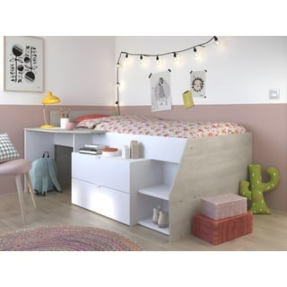 Kinderbett mit Schreibtisch & Stauraum - 90 x 190/200 cm - Weiß & Naturfarben - GISELE