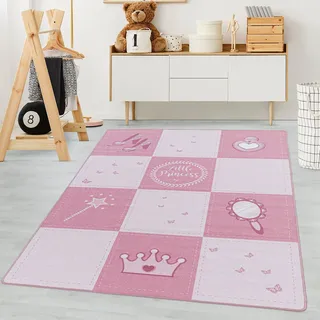Carpetsale24 Kinderteppich Rosa 140x200 cm Prinzessin-Design Modern rutschfest Waschbar Pflegeleicht Extra Weich Antiallergen Babyteppich Kinderzimmer Mädchen Teppich