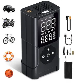 skelo Akku-Luftpumpe Elektrische Luftpumpe, Mini Tragbarer Luftkompressor 150PSI 3000mAh (6-tlg., für Fahrräder Autos Motorrad Bälle), Akku-Kompressor mit LED & LCD-Reifendrucküberwachung schwarz
