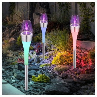 Globo LED Gartenleuchte, LED-Leuchtmittel fest verbaut, Warmweiß, Farbwechsel, LED Solarleuchte Solarlampe Farbwechsler Schalter Edelstahl H 55 cm 3x silberfarben