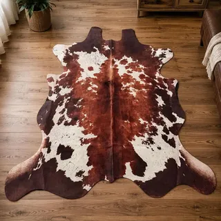 Kuhfell Teppich Kunstfell Braun Weiß 160x185cm Fellimitat Pflegeleicht Felloptik