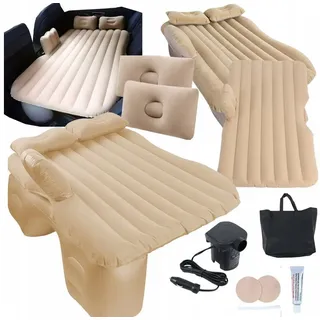 Ikonka Luftmatratze Auto Luftmatratze Rückbank Bett Pumpe beige 130×80 Campingbett, (Auto-Matratzen-Set mit elektrischer Pumpe für Rücksitz & Outdoor, Auto-Luftbett mit Pumpe, Kissen, Tragetasche – Reisekomplettset), Aufblasbares Auto Luftbett mit Pumpe – ideal für Reisen & Camping beige