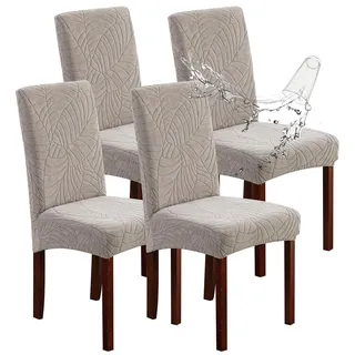 Genina Stuhlhussen für Esszimmer, 100% wasserdicht, große Stretch-Stuhlbezüge, für Küche, Parsons, waschbar, Stuhlschutz (Blätter-warmes Grau, 4 Stück)
