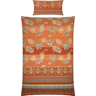 Erwin Müller Flanell Bettwäsche, Bettgarnitur mit orientalischen Blumen-Ornamenten Terra Größe 40x80 cm / 155x200 cm - klimaausgleichend, mit Reißverschluss, 100% Baumwolle (weitere Größen)