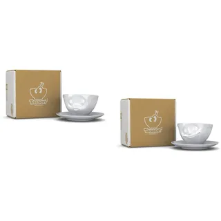 Fiftyeight Tassen-Set 2-tlg. - Kaffeetassen 200 ml - Motive küssend und glücklich - Tassen inkl. Untertassen - Hartporzellan - 100% Made in Germany - spülmaschinenfest und mikrowellengeeignet