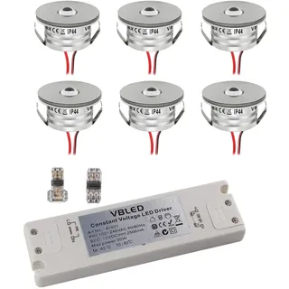 VBLED® 6er Set 3W Mini-Einbauspot Einbaustrahler warmweiß 3000K IP44 12V DC Warmweiss Inkl.LED Trafo und Verbinder Unbegrenzte Möglichkeiten: Terrasse, Bad, Wohnbereich [Energieklasse A+]
