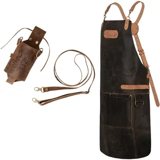 Black Forest Fox SET X: Büffelleder Grill Koch & Küchen Schürze + Getränkeholster Holly Holster – Leder Flaschenhalter für Partybecher, Bierflaschen, Getränkedosen – FOX-X SET 4 (Butcher-Black) - Einheitsgröße