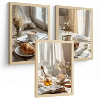 POSTER 3er Set Kaffee und Frühstück Wandbilder Croissant Honig und Tee Gemütlich Nordisch Küche Deko Leichter Holzrahmen A4
