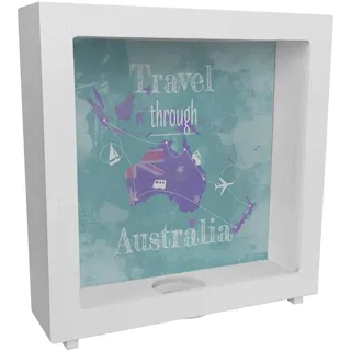 Rahmen Spardose aus Holz mit Australien Karte und Spruch - travel Through Australien als Geschenk für Urlauber die durch Australien Reisen wollen und Geld für den Flug und die