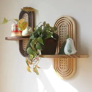 Jssevn - Set Mit 2 Schwebenden Wandregalen Aus Rattan Im Bohème-stil - Einzigartige Kleine Dekoregale - Naturholz (1 X Braun, 1 X Naturholz)