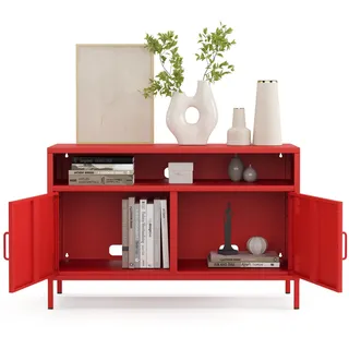 furni24 Metall TV-Schrank – Retro TV Lowboard – Möbel mit Türen und verstellbaren Ablagen – Leicht zu reinigen – Robuste und stilvolle Aufbewahrungslösung für das Wohnzimmer- mit 4 Regalen, Rot