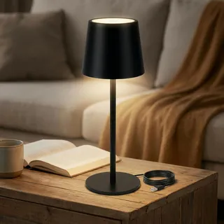 kabellose LED-Tischlampe LED Akku-Tischleuchte mit Touch-Schalter, dimmbar kabellos tragbar, Leselampe Nachttischlampe für Wohnzimmer, Schlafzimmer, Schreibtisch, Lesen - Schwarz - Metall - 26 cm