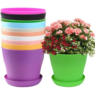 inheming 10 Stück Kunststoff Mini Pflanzgefäße, 10cm Bunt Plastik Blumentöpfe,Blumentöpfe Pflanztöpfe Klein, Kleine Töpfe Pflanzen mit Untersetzer für Außen- und Zimmer