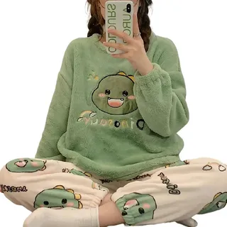 Rinde Fleece-Pyjama-Sets Fuzzy Warm Winter -Pyjama Sets Cartoon Frauen Pyjama Plaid Flanell Lounge Nachtwäsche Anzüge Hauswear