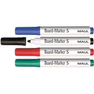 Maul Boardmarker S | Whiteboard Marker Set mit 4 farbigen Stiften | Rundspitze mit 1,5-2mm Linienbreite | Trocken abwischbar | Ideal zum Beschriften von Whiteboard und Kennzeichnungsband | Bunt