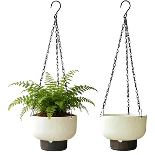 YuanDiann Hängende Blumentöpfe Selbstbewässernder, Innen Außen Hängetopf aus Kunststoff mit Wasserspeicher, Garten Hängepflanzer Pflanzgefäßn Weiß 2er Set 16CM