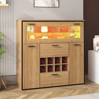 Sideboard 110 X 38 X 111 Cm – Bar-sideboard Mit Led-beleuchtung – Doppeltür & Glasablage – Eiche Und Schwarz