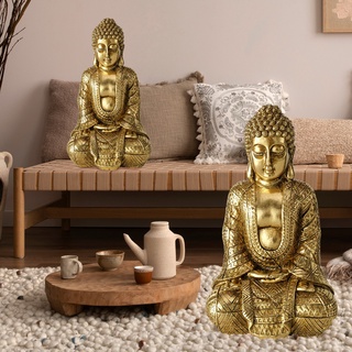 Buddha Figur Wohnzimmer Dekofigur Wohndekoration , Skulptur Asiatisch, Kunstharz gold, LxBxH 12x10x20 cm, 2er Set