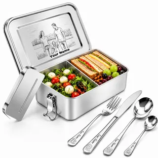 Personalisierte Edelstahl Brotdose Lasergravur mit Namen/Text/Foto mit 4-teilig Edelstahl Besteck Auslaufsichere Lunchbox mit Unterteilung für Kinder Erwachsene, Kindergarten, Schule, Arbeit (2400ML)