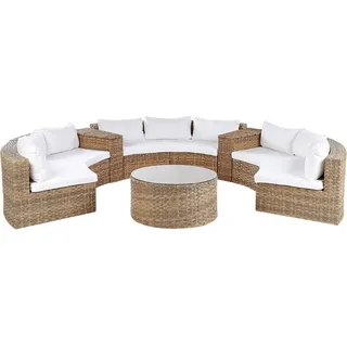 Beliani Gartenmöbel Set Goldbraun Rattan u. Aluminium Halbrund Modern 9-Sitzer Sofa mit Couchtisch Kissen Weiß Terrasse Outdoor Lounge Set 6-Teilig - Braun/Weiß