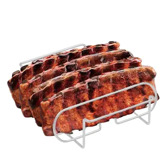 Spareribs Halter Grill, Rippchenhalter für 4 Rippchen, Kohlenstoffstahl Barbecue Rost, BBQ Rib Rack, Spülmaschinengeeigneter Steakhälter für Kochen, Grill Zubehör