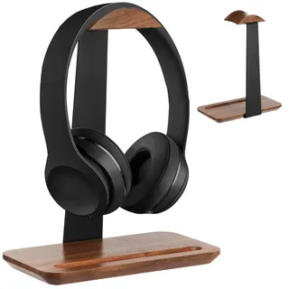 AULSAM Walnussholz Kopfhörer Ständer, Tisch Headset Halterung Halter,Universelle Headset Halterung mit Tablett-Ablage Kopfhörerständer für Over Ear und Gaming Kopfhörer(Protokollfarbe,1Stück)