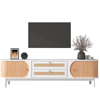 OKWISH TV-Schrank 170x46x39 cm Rattan Lowboard mit Türen und Schubladen Wohnzimmer Sideboard Modern Natur Weiß+Holz