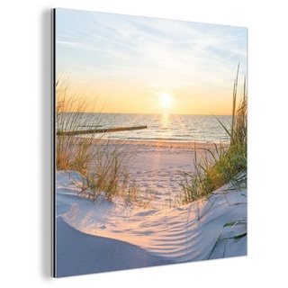 MuchoWow Metallbild Strand - Sonne - Düne - Gras - Sand - Horizont, (1 St), Alu-Dibond-Druck, Gemälde aus Metall, Aluminium deko bunt Quadratisch - 50 cm x 50 cm x 0.4 cm
