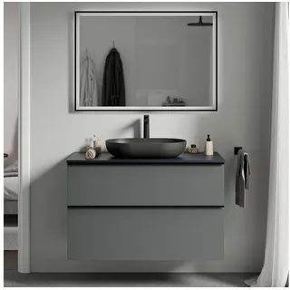 Bernstein Waschbeckenunterschrank LAVOA 100cm Anthrazit matt Unterschrank Aufsatzbecken Platte Mitternachtsblau matt Griff Chrom